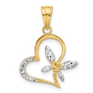 14K Gold and White Rhodium D/C Dragonfly on Heart Pendant